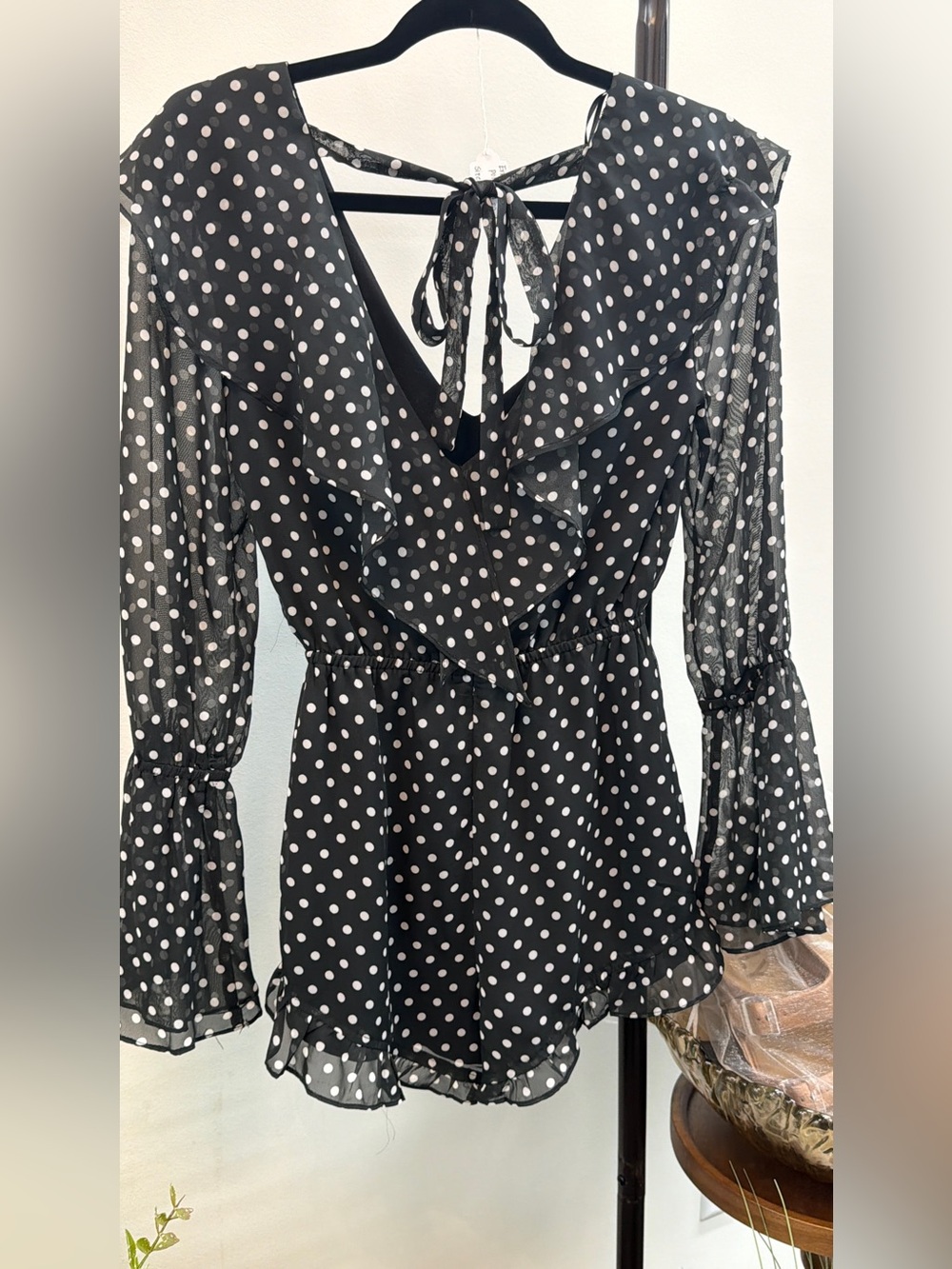 Endless Rose Black and White Polka Dot Ruffle Long-Sleeve Dress